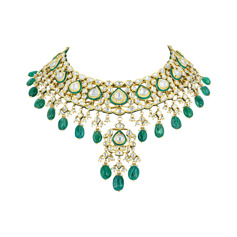 Polki Necklace with Green Enamel and Emerald Maniyas Beads